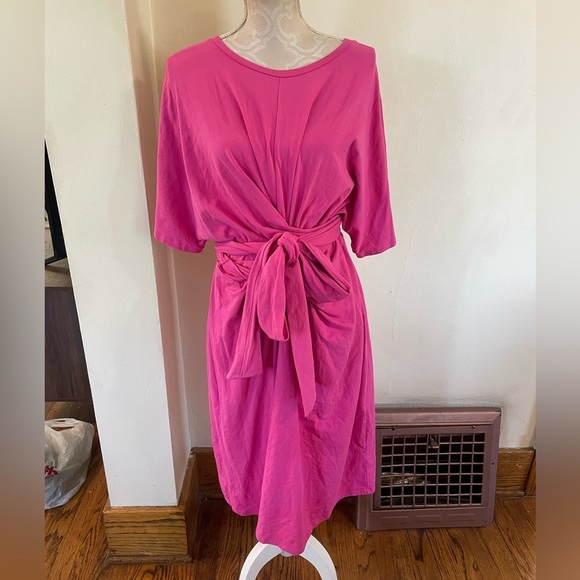 Eloquii Hot Pink Liberty Cross Front Tie Waist Midi Dress - Picture 2 of 5